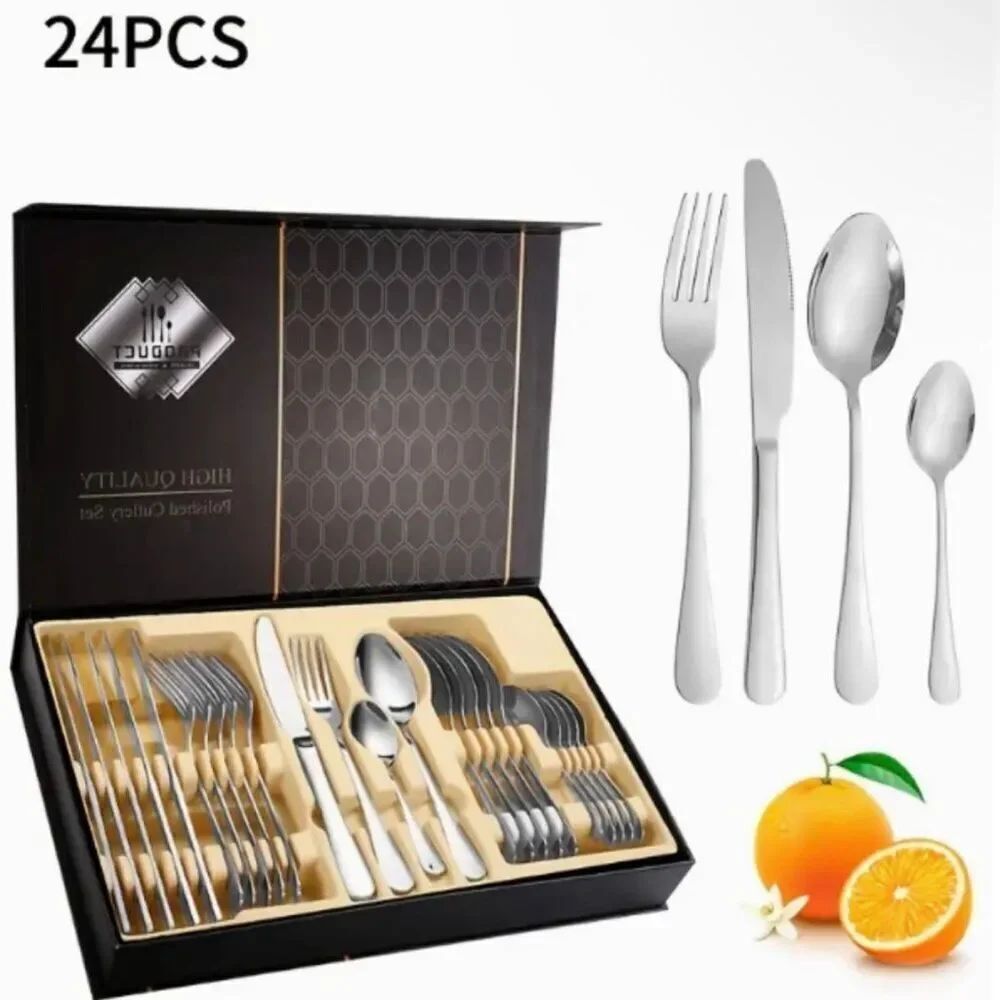Silverware Sets 24-Piece Polished Stainless Steel Cutlery Set, Elegant Silver Fl